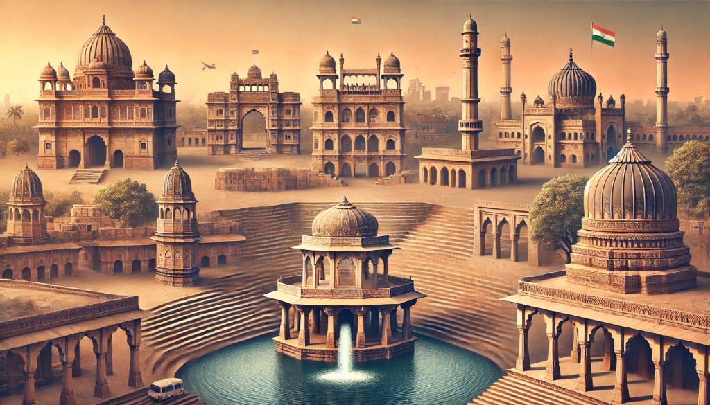 A scenic view of Ahmedabad's heritage sites, featuring Sabarmati Ashram, Adalaj Stepwell, and Jama Masjid, showcasing the architectural beauty and rich history of the city.