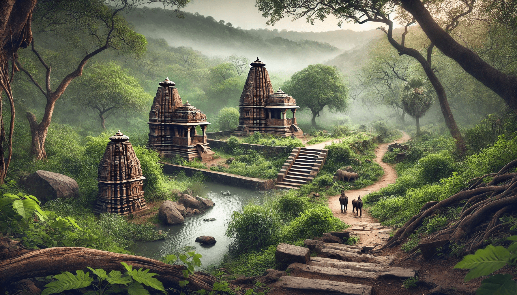 A scenic view of Polo Forest in Gujarat, featuring dense greenery, ancient Jain temple ruins, and a trekking trail leading into the untouched wilderness.