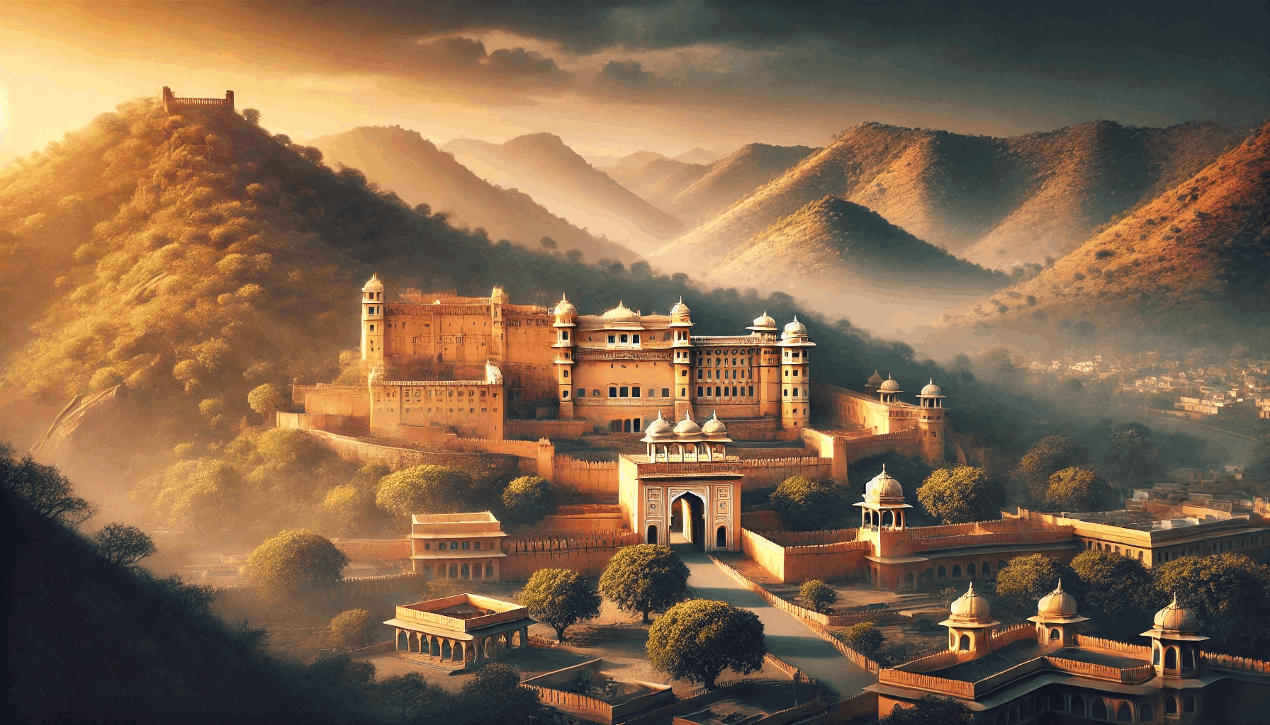  A stunning panoramic view of Amer Fort in Jaipur, Rajasthan, showcasing its majestic sandstone architecture, grand entrance, and surrounding lush hills.