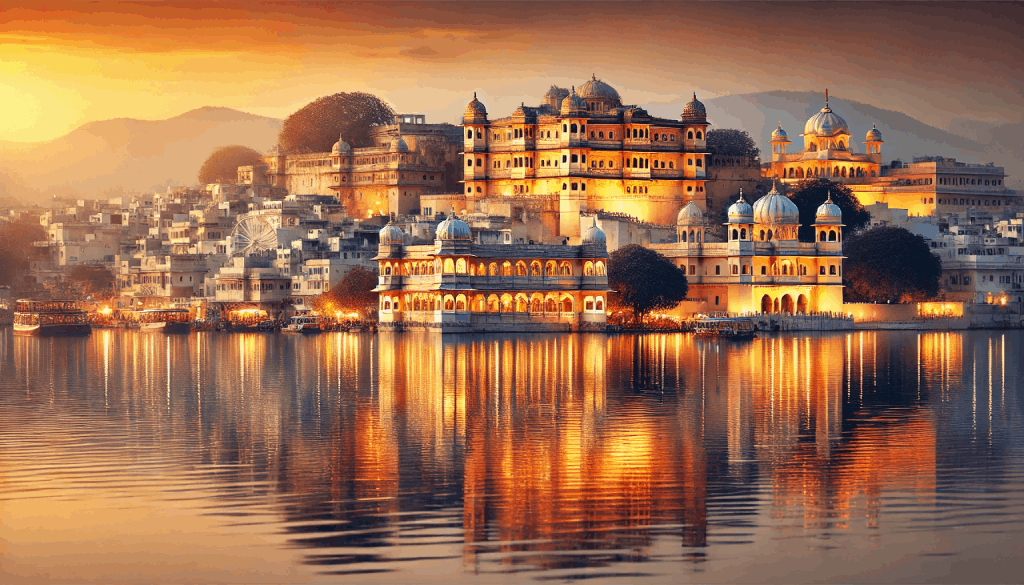  A breathtaking view of City Palace in Udaipur, Rajasthan, reflecting in the tranquil waters of Lake Pichola, showcasing the grandeur of the City of Lakes.