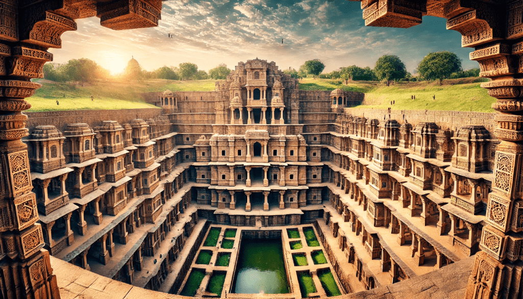 A stunning view of Rani Ki Vav in Patan, showcasing intricate carvings and architectural brilliance, symbolizing Gujarat's rich historical heritage.