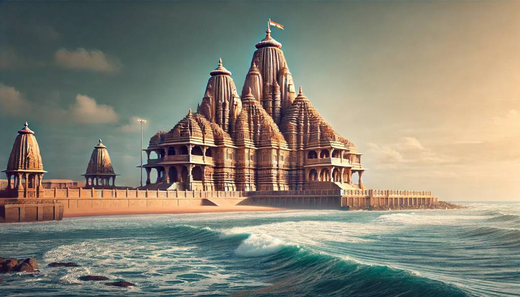  A majestic view of Somnath Temple on the western coast of Gujarat, showcasing its grand Chalukya-style architecture against the serene backdrop of the Arabian Sea and clear blue skies.